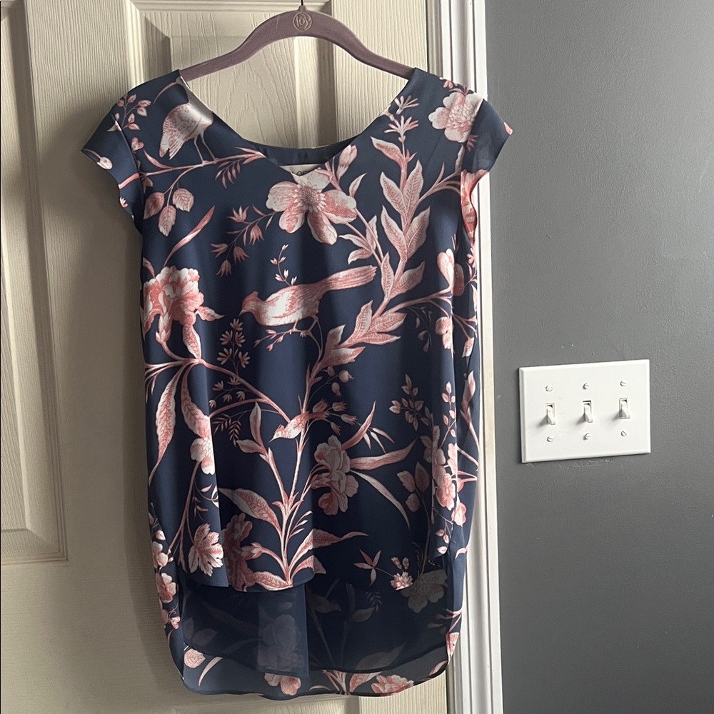 LOFT Navy and Pink Floral Blouse